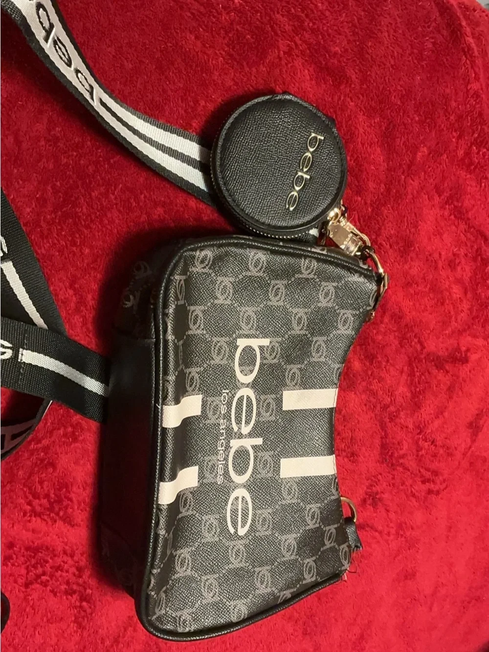 bebe Black and White Logo Crossbody Bag with Signature Strap